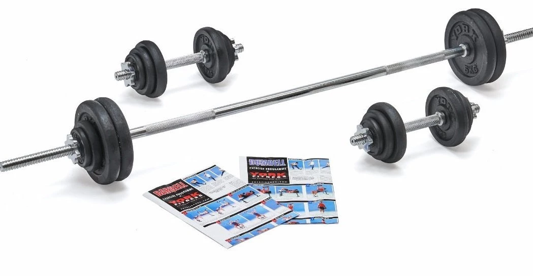 York Fitness Strength York 50kg Black Cast Iron Barbell And Dumbell Set